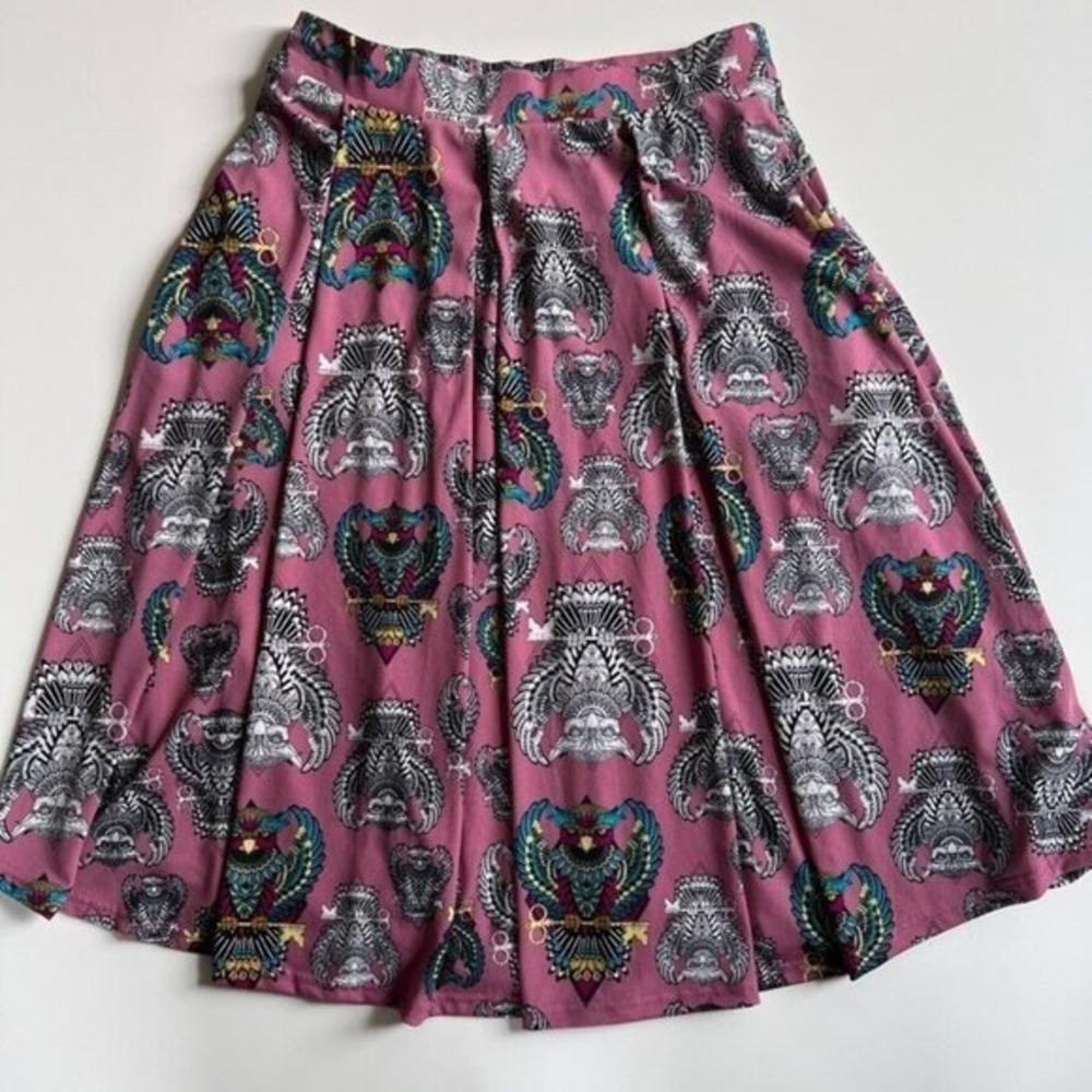 Lularoe Madison Pleated Skirt Women's XS Stretch Mauve Owl Print Pockets Pull On